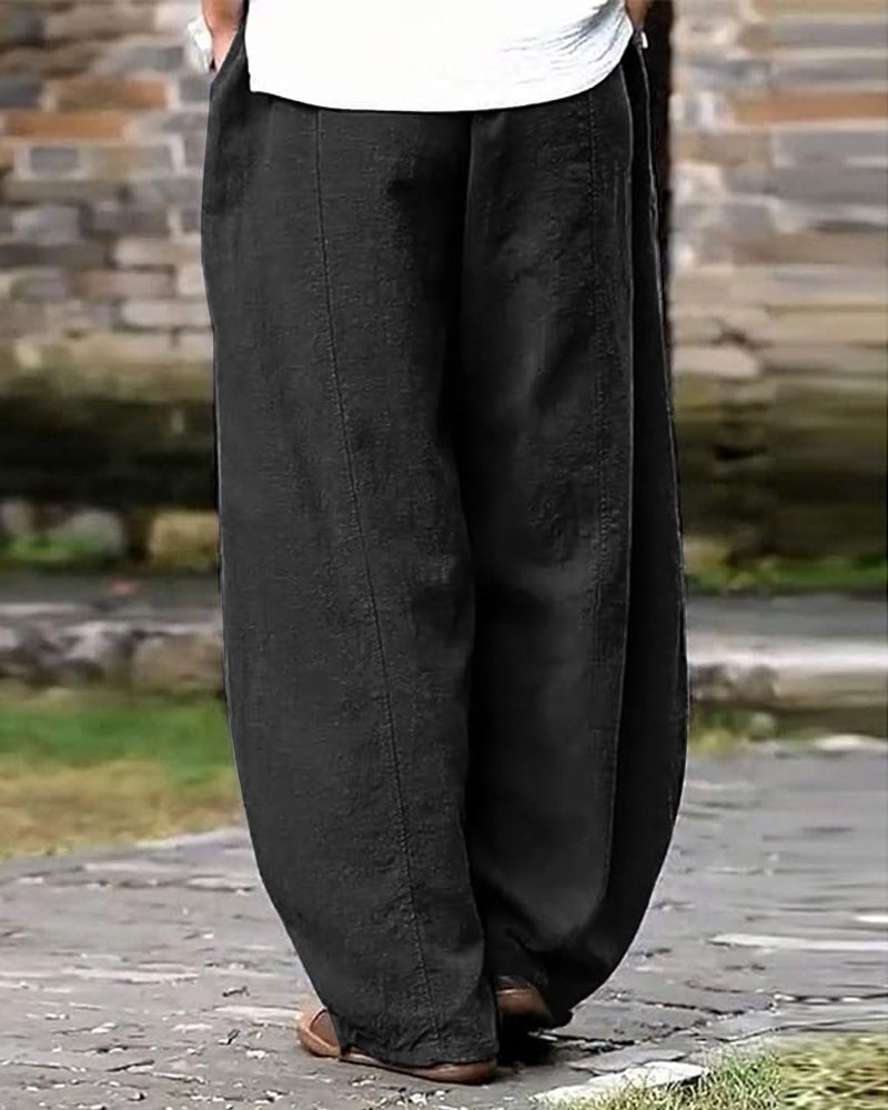 IXIMO Women's Casual Cotton Linen Baggy Pants with Elastic Waist Relax Fit Lantern Trousers Black XXL - Image 2